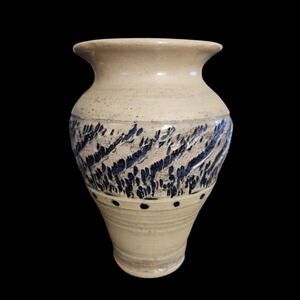 Vintage Studio Pottery Vase Blue Brush Decor Signed Stoneware